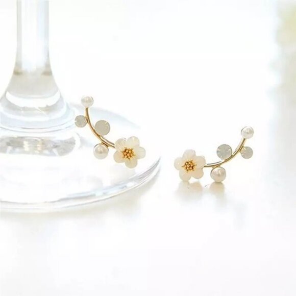 “Floral Dreams” Japanese Cherry Blossom Minimalist Spring Pearl/Diamond Earrings - Picture 4 of 6